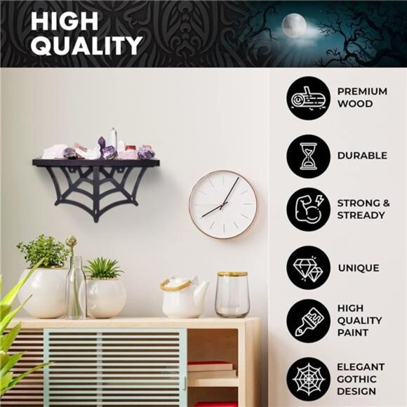 Spider Web Floating Shelf - Gothic Halloween Hanging Shelf with Hooks for Wall - Picture 3 of 7